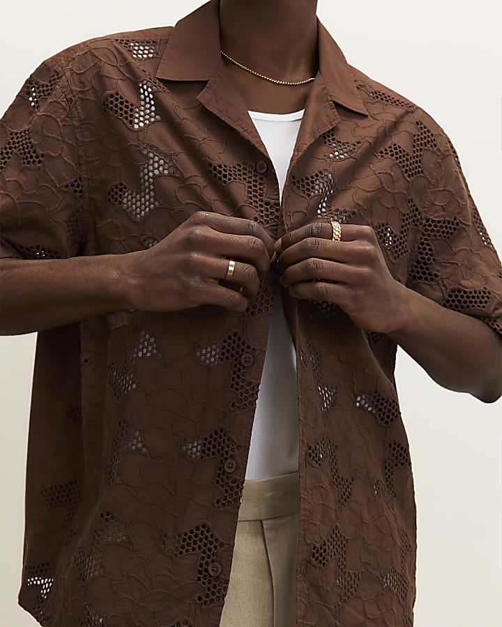 Brown Boxy Fit Lace Fabric Block Shirt