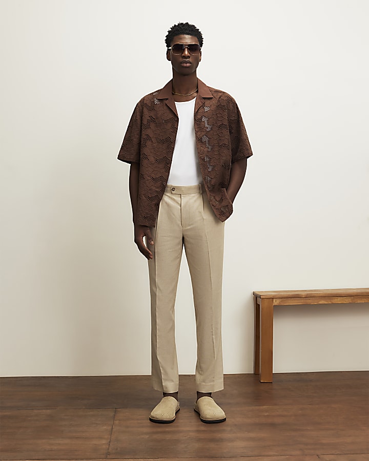 Brown Boxy Fit Lace Fabric Block Shirt