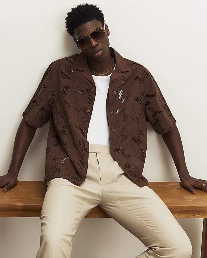 Brown Boxy Fit Lace Fabric Block Shirt