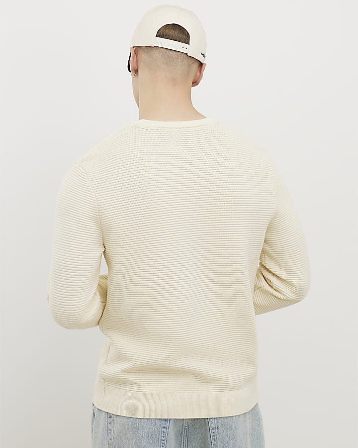 Cream Slim Fit Embroidered Jumper