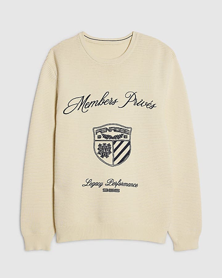 Cream Slim Fit Embroidered Jumper