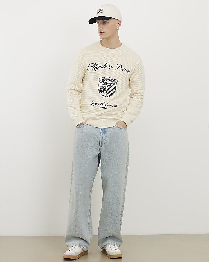 Cream Slim Fit Embroidered Jumper