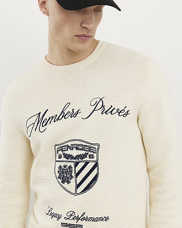 Cream Slim Fit Embroidered Jumper