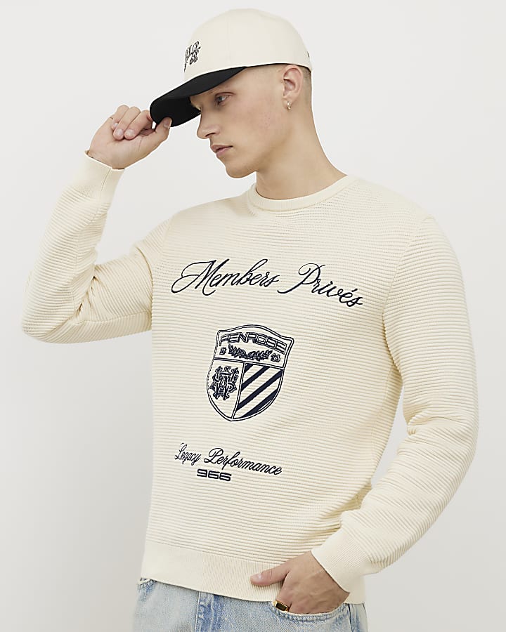 Cream Slim Fit Embroidered Jumper