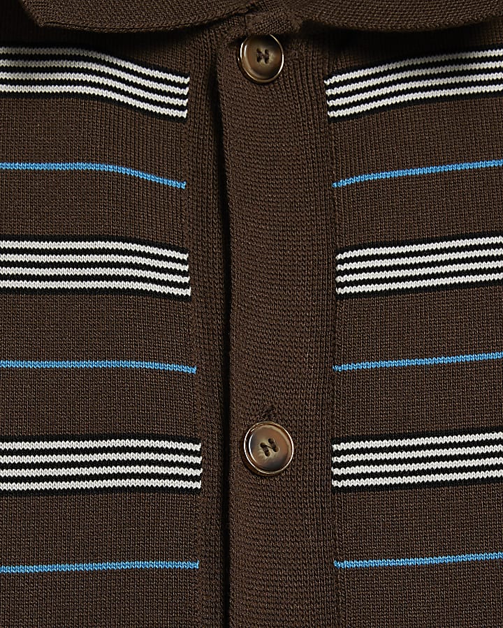 Brown Short Sleeve Knitted Stripe Shirt