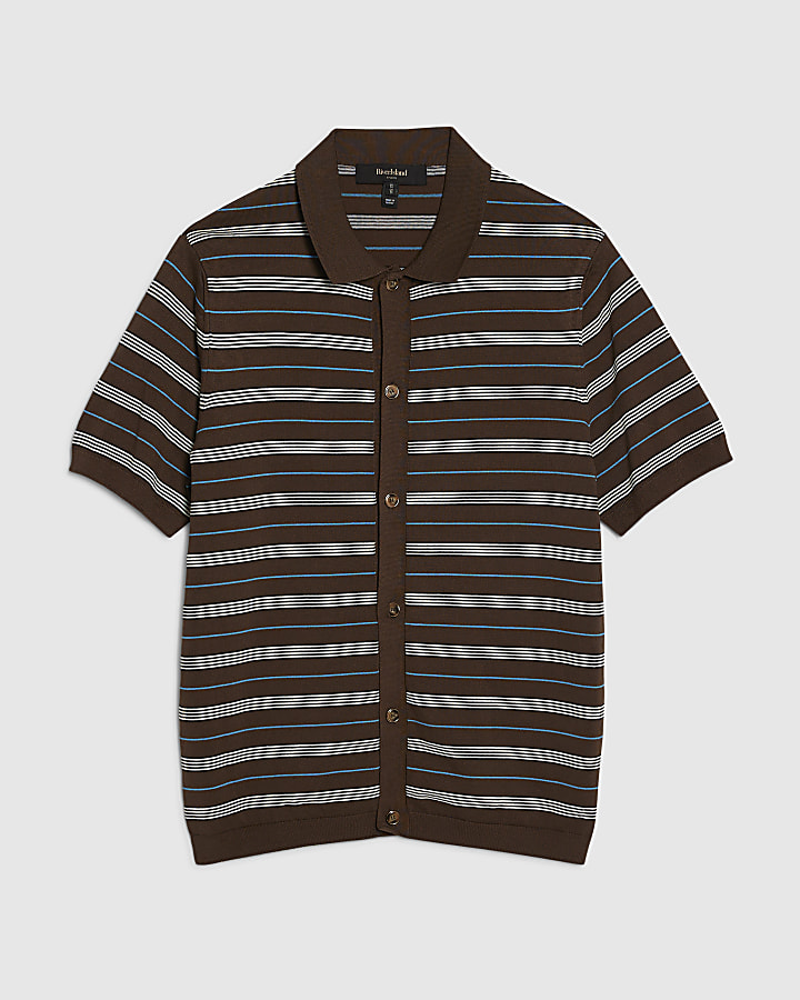 Brown Short Sleeve Knitted Stripe Shirt
