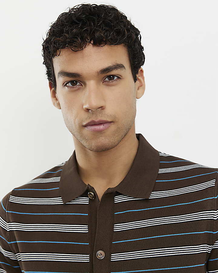 Brown Short Sleeve Knitted Stripe Shirt