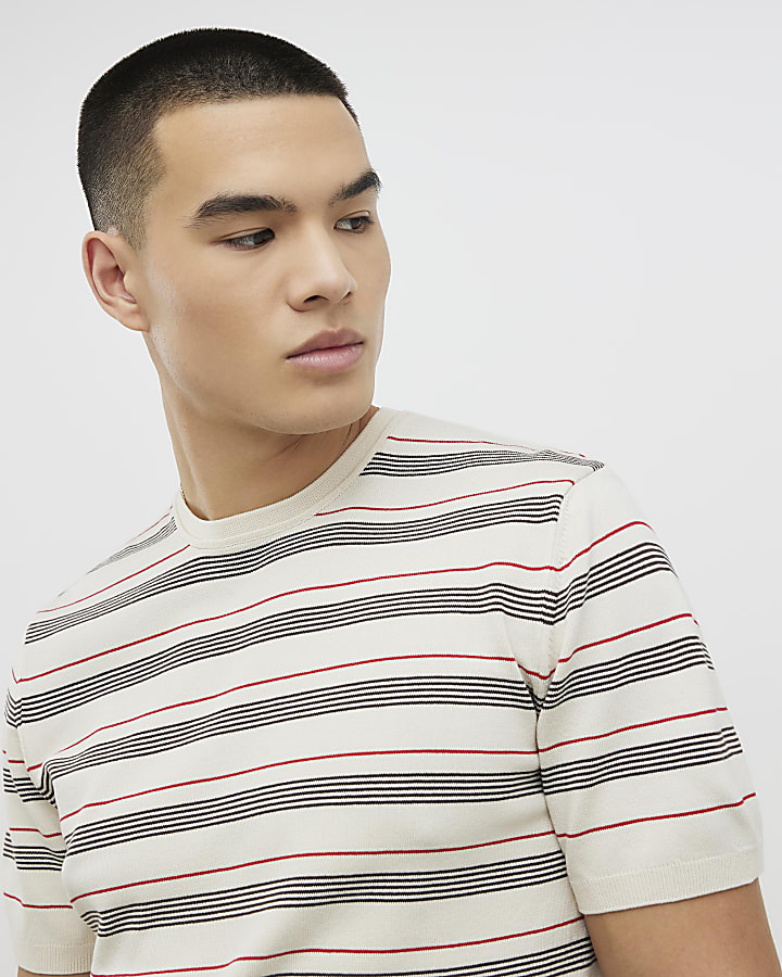 Beige Knitted Stripe T-Shirt