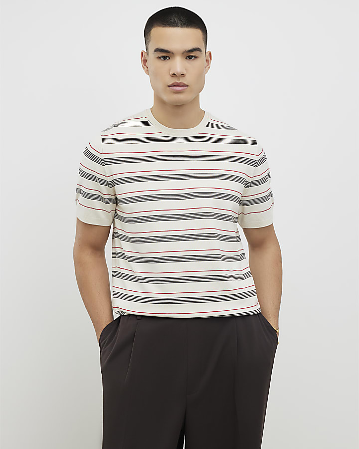 Beige Knitted Stripe T-Shirt