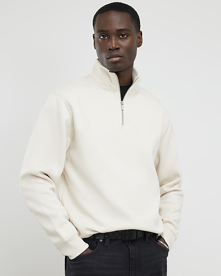Cream Regular Fit Funnel Neck Sweatshirt