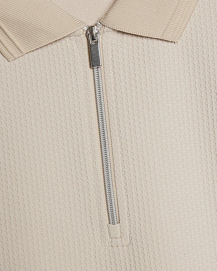 Beige Slim Fit Textured Polo Shirt