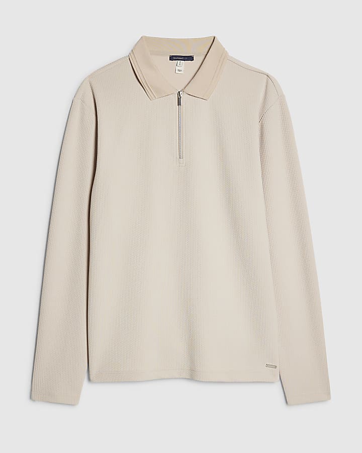 Beige Slim Fit Textured Polo Shirt