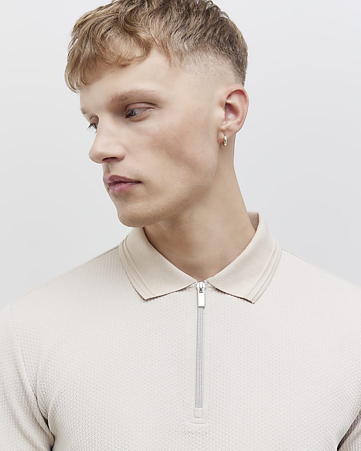 Beige Slim Fit Textured Polo Shirt