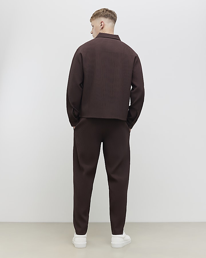 Brown Slim Fit Plisse Wide Leg Joggers