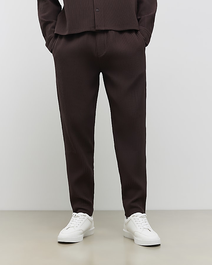 Brown Slim Fit Plisse Wide Leg Joggers