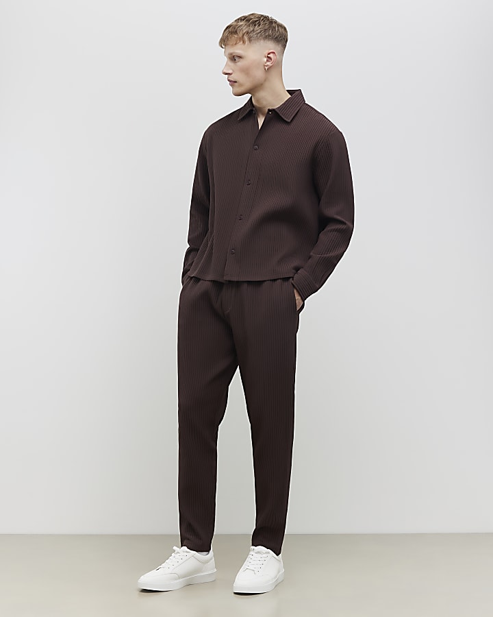 Brown Slim Fit Plisse Wide Leg Joggers