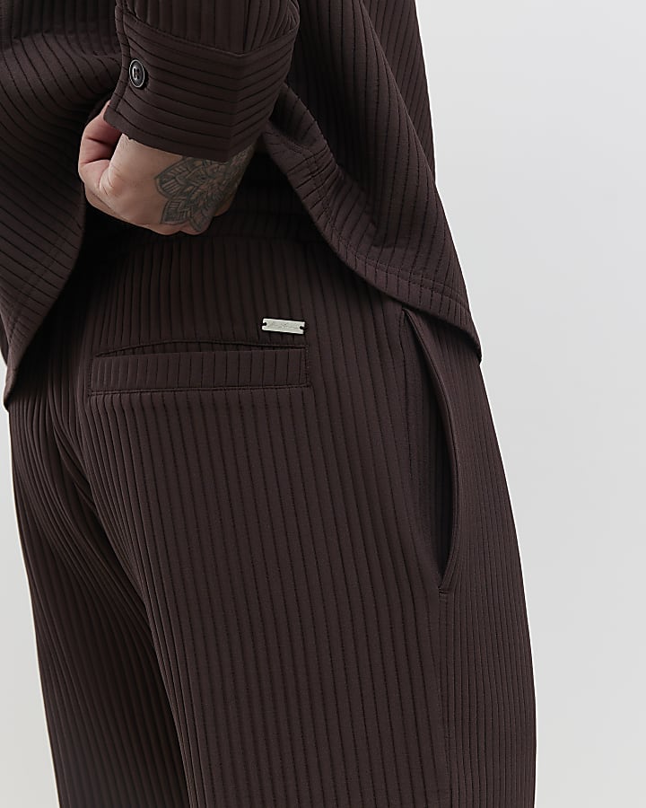 Brown Slim Fit Plisse Wide Leg Joggers