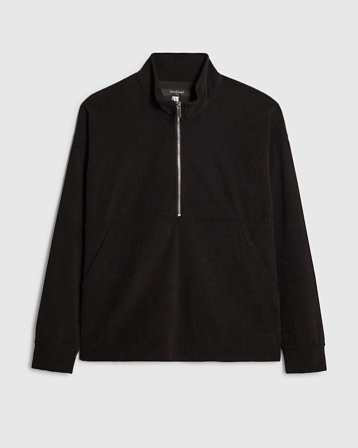 Black Regular Fit Corduroy Funnel Sweatshirt