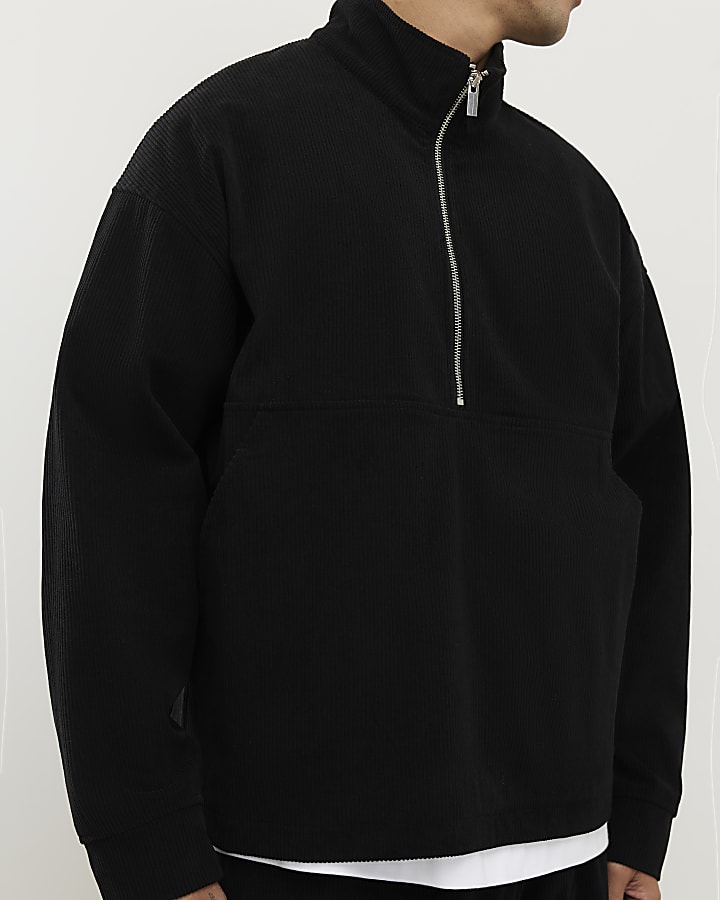 Black Regular Fit Corduroy Funnel Sweatshirt