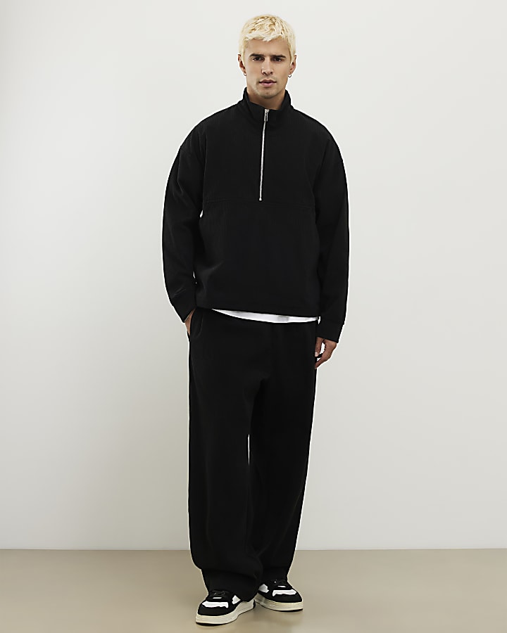 Black Regular Fit Corduroy Funnel Sweatshirt