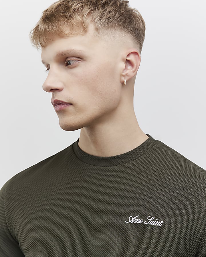 Khaki Slim Fit Textured Ame Saint T-Shirt