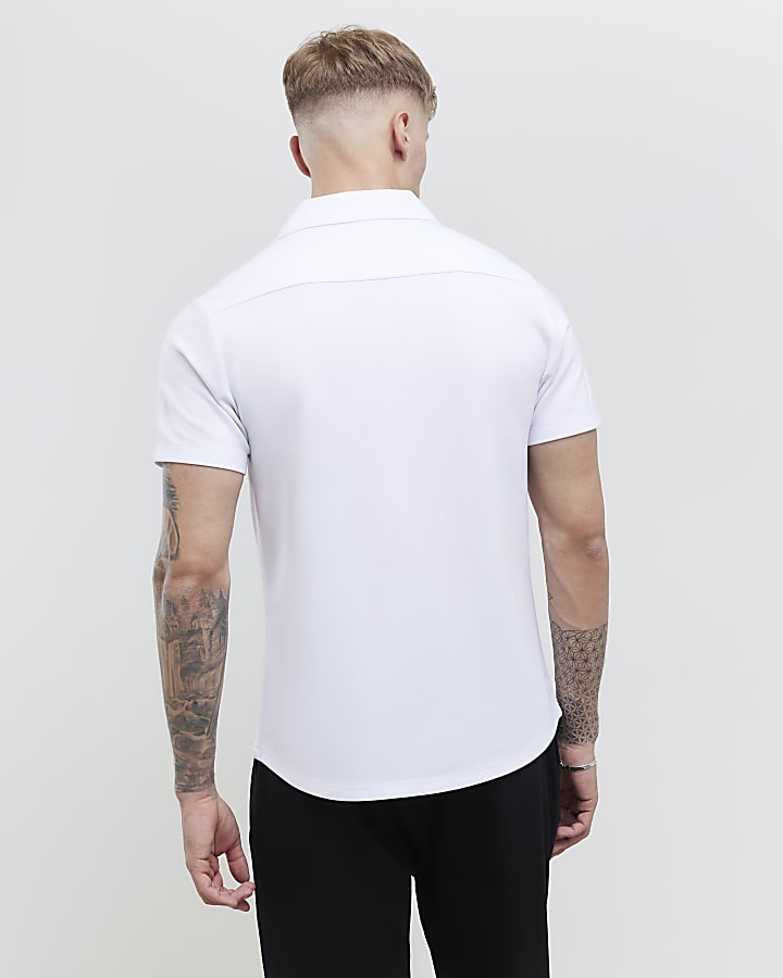 White Muscle Fit Ring Snap Shirt