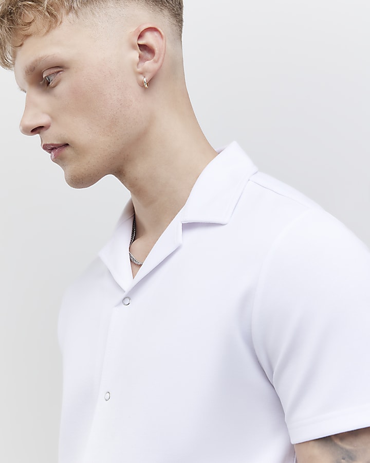 White Muscle Fit Ring Snap Shirt