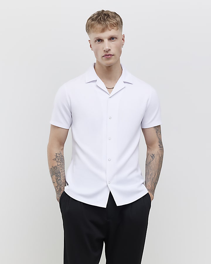 White Muscle Fit Ring Snap Shirt