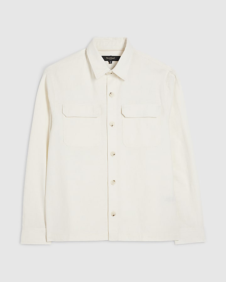 Cream Regular Fit Linen Blend Overshirt