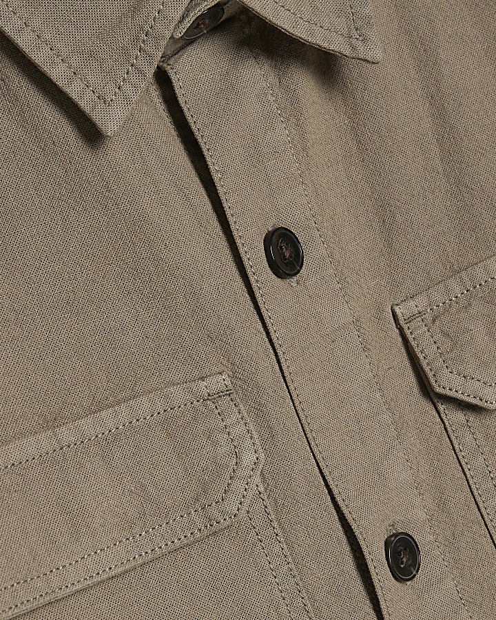 Khaki Regular Fit Linen Blend Overshirt