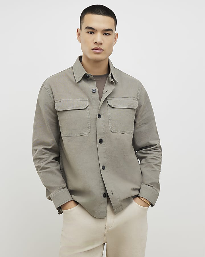 Khaki Regular Fit Linen Blend Overshirt
