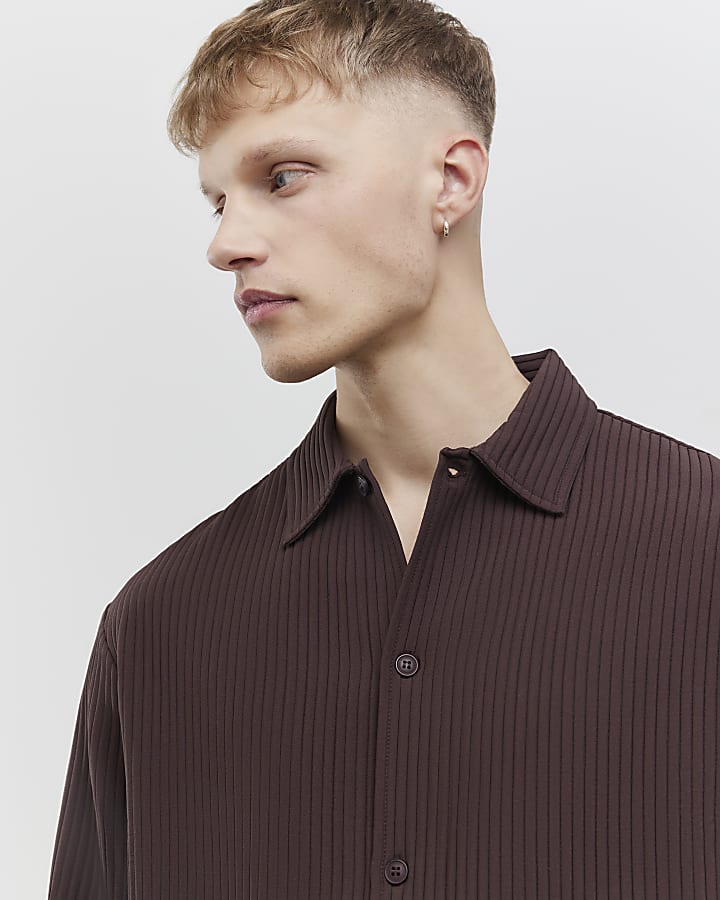 Brown Boxy Fit Plisse Shirt
