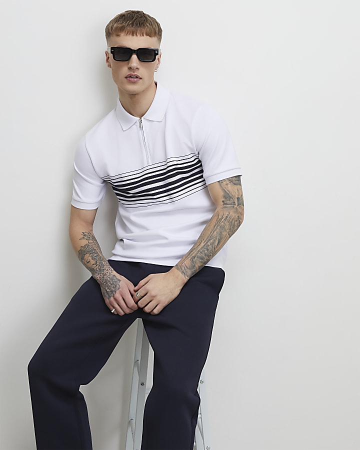White Slim Fit Stripe Polo Shirt