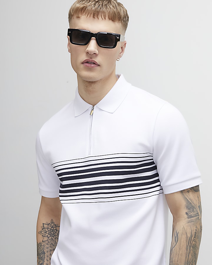 White Slim Fit Stripe Polo Shirt