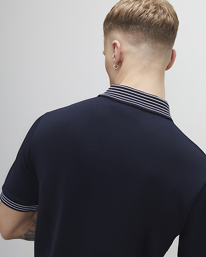 Navy Slim Fit Stripe Polo Shirt
