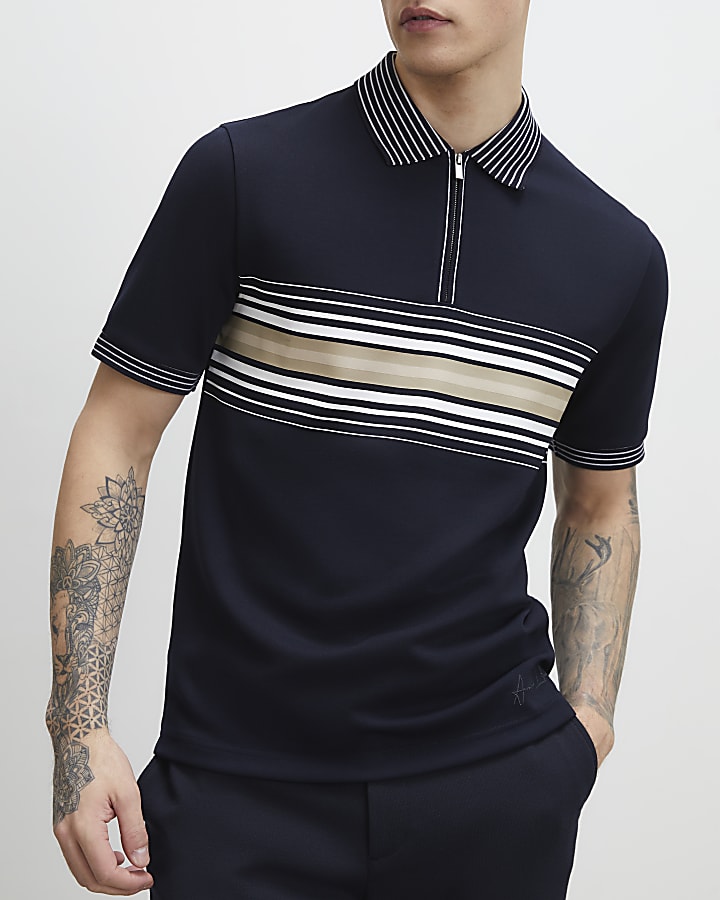 Navy Slim Fit Stripe Polo Shirt