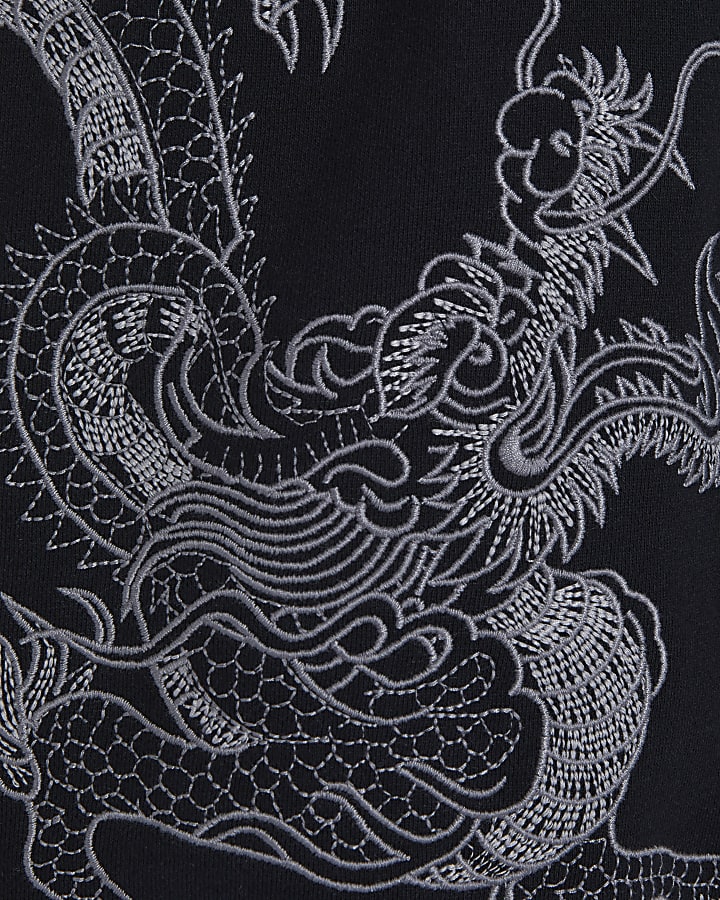 Black Regular Fit Embroidered Dragon Shorts