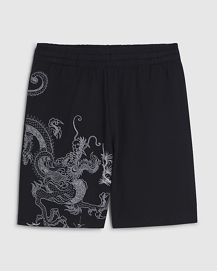 Black Regular Fit Embroidered Dragon Shorts