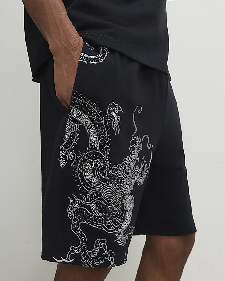 Black Regular Fit Embroidered Dragon Shorts