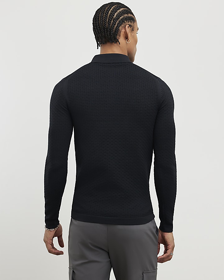 Black Muscle Fit Hexagon Polo Shirt