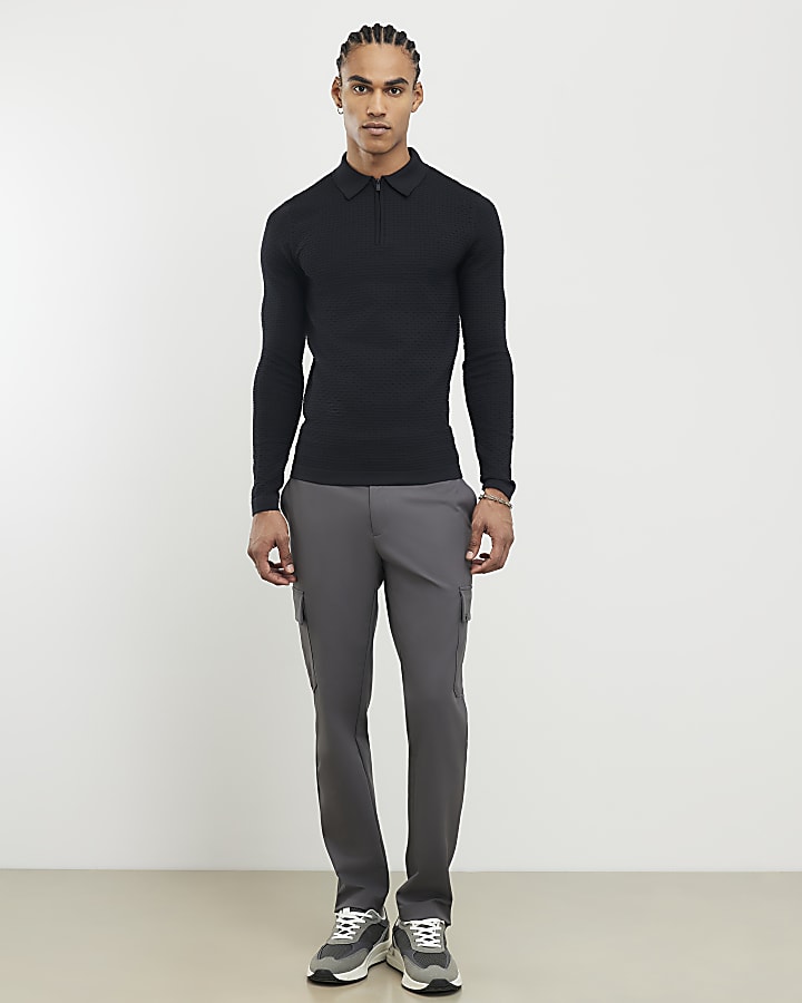 Black Muscle Fit Hexagon Polo Shirt