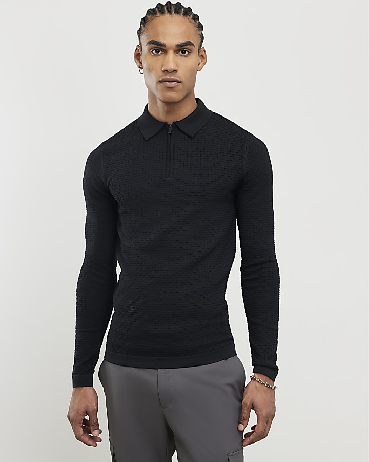 Black Muscle Fit Hexagon Polo Shirt