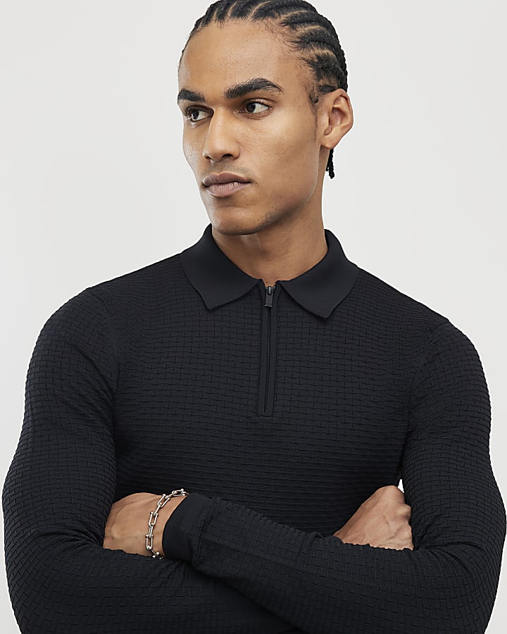 Black Muscle Fit Hexagon Polo Shirt