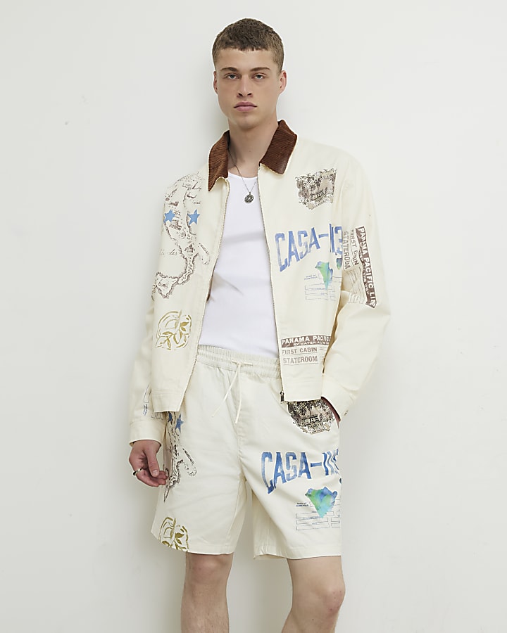 Cream Contrast Collar Badged Jacket