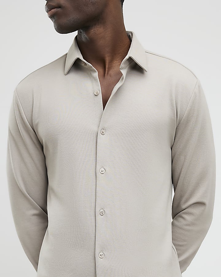 Beige Muscle Fit Pique Casual Shirt