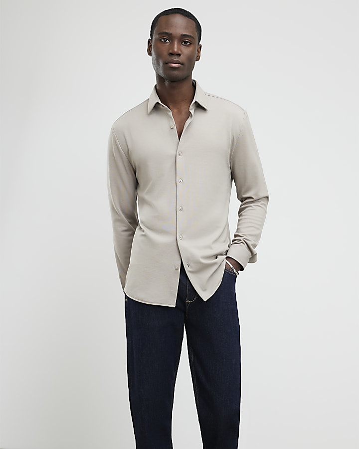 Beige Muscle Fit Pique Casual Shirt