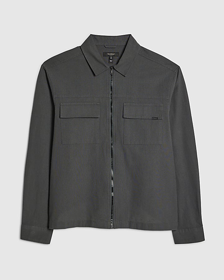 Grey Regular Fit Double Pocket Zip Overshirt