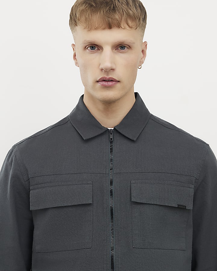 Grey Regular Fit Double Pocket Zip Overshirt