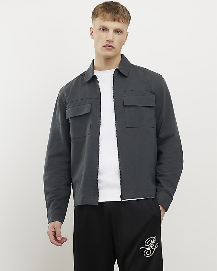 Grey Regular Fit Double Pocket Zip Overshirt