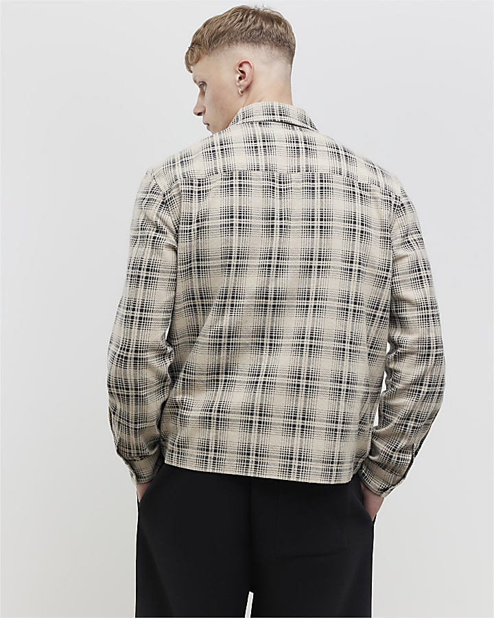 Beige Regular Fit Zip Through Check Overshirt